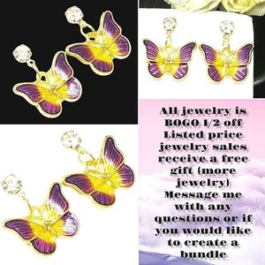 Gold plated purple yellow crystal butterfly earrings with silver post